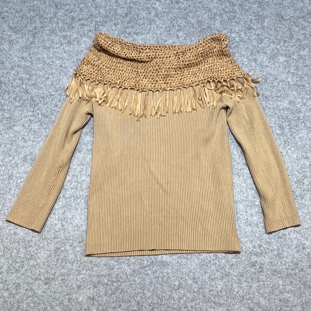 Multiples Tan Ribbed Knit Sweater Crochet Fringe Boat Neck Boho Top Womens XL